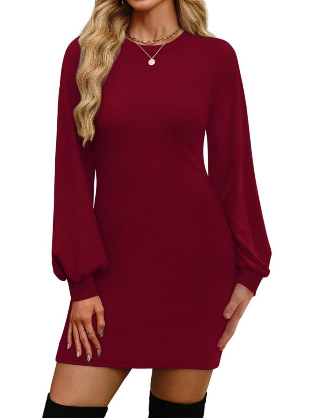 Cozy Puff Sleeve Sweater Dress for Women | Fall Winter Bodycon Fleece Fashion